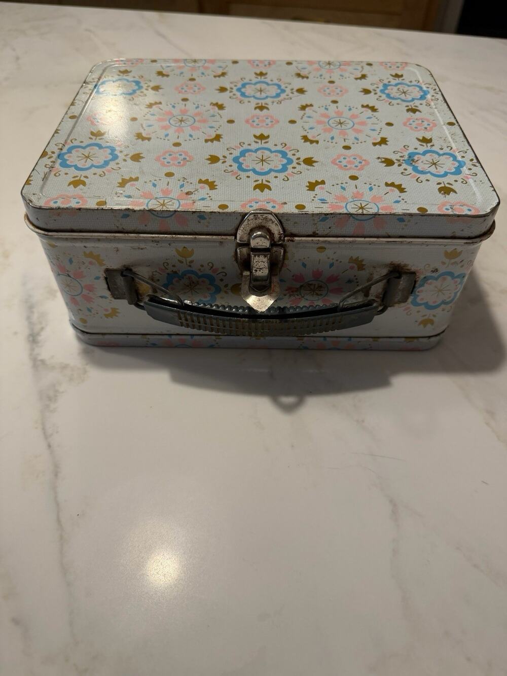 Vintage 50s-60s Ohio Art Floral Metal Lunchbox Tin Case w Handle Mid Century